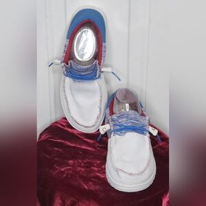 HEY DUDE Funk Red Blue Shoes US Size 7/ EU 40 with signs of wear (see Photos)